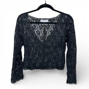 VTG 90s Floral Lace Sheer Top Large Cropped Black V-Neck Long Sleeve Y2K‎ Edgy